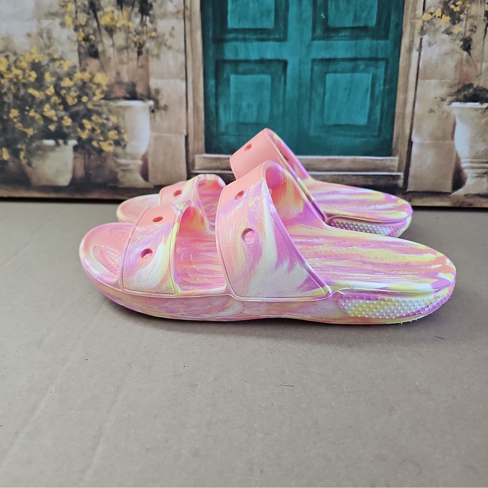 CROCS Classic Marble Peach/Orange Tie Dye 2 Strap Slide Sandal Men's 7 Women's 9